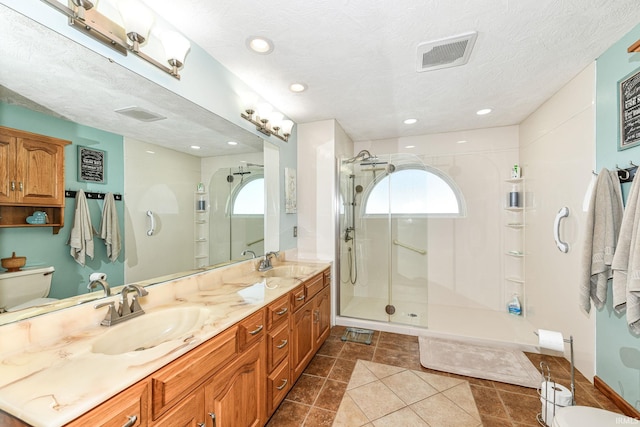 bathroom featuring vanity, a textured ceiling, a wealth of natural light, and a shower with shower door