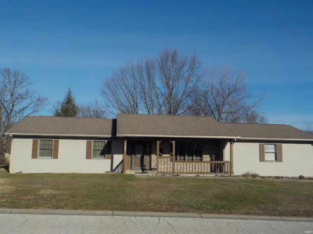 single story home with a front lawn and a porch