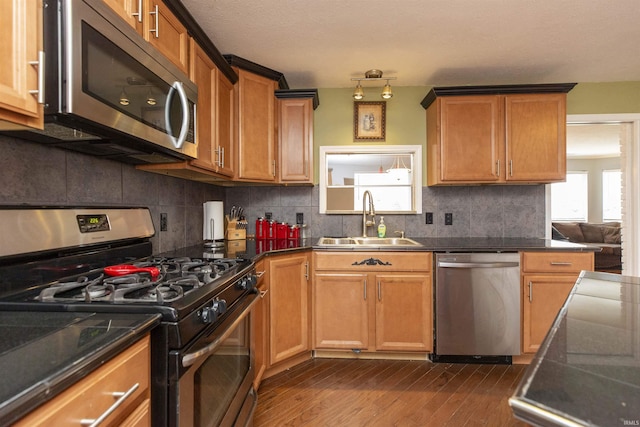 kitchen featuring backsplash, sink, dark wood-type flooring, and appliances with stainless steel finishes