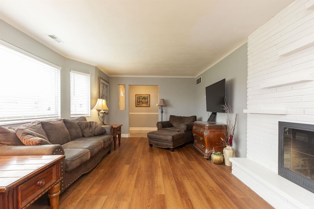 living room featuring light wood-type flooring and a fireplace