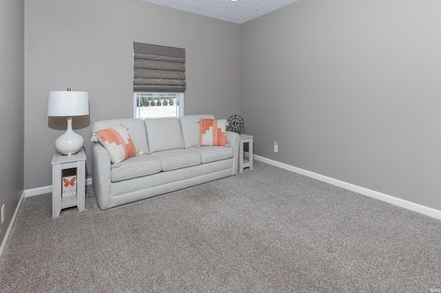 carpeted living room featuring a textured ceiling