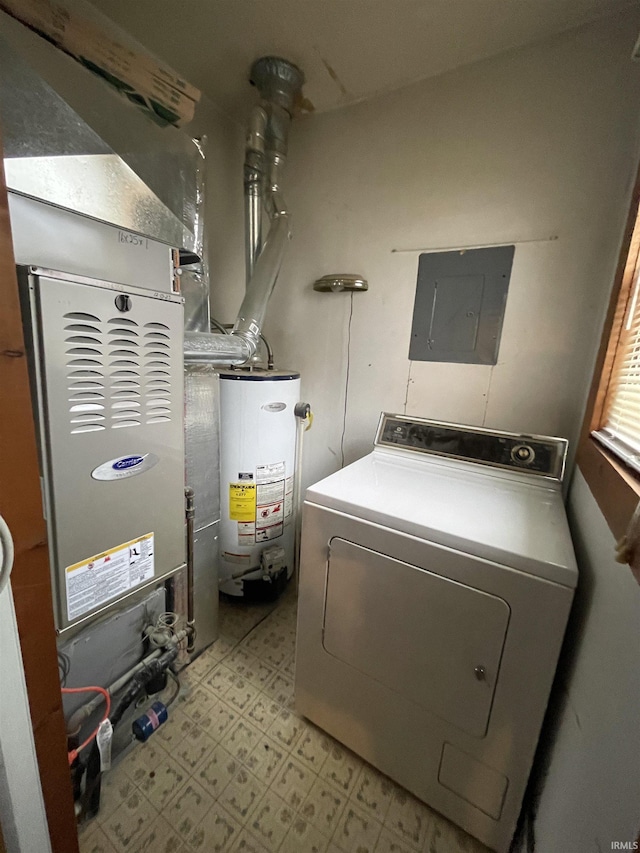 utility room featuring gas water heater, washer / dryer, and electric panel