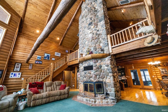 living room with high vaulted ceiling, rustic walls, a fireplace, beamed ceiling, and wood ceiling