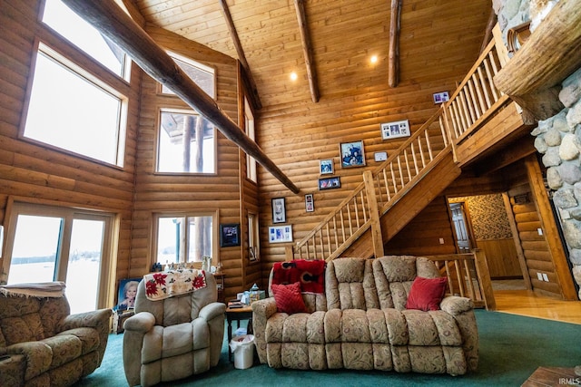 living room with beam ceiling, wooden ceiling, rustic walls, and high vaulted ceiling