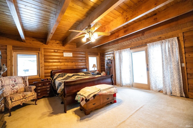 bedroom featuring light colored carpet, ceiling fan, log walls, beam ceiling, and wooden ceiling