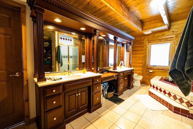 bathroom featuring log walls, vanity, plenty of natural light, and wooden ceiling