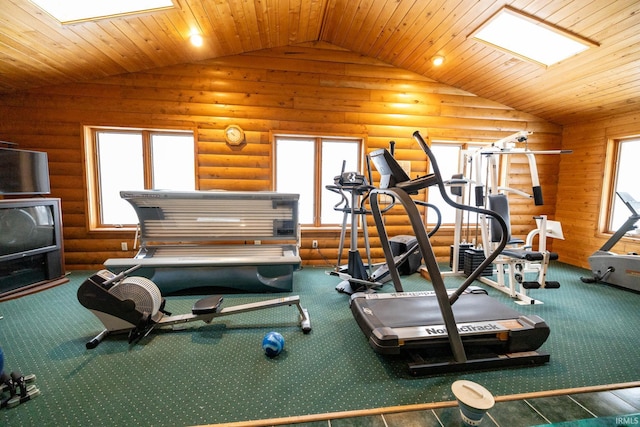 workout room with carpet floors, log walls, wood ceiling, and lofted ceiling