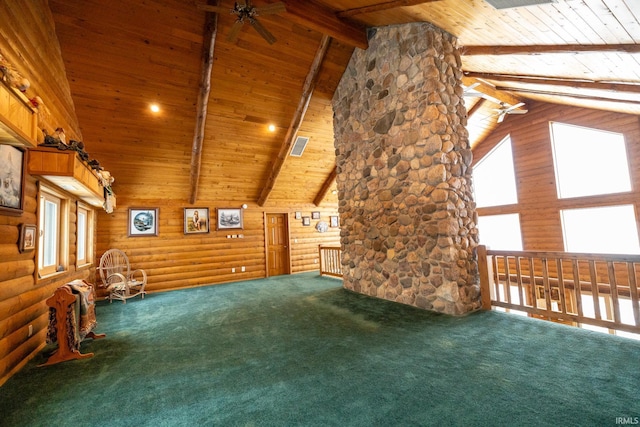 additional living space with rustic walls, ceiling fan, beam ceiling, high vaulted ceiling, and wooden ceiling