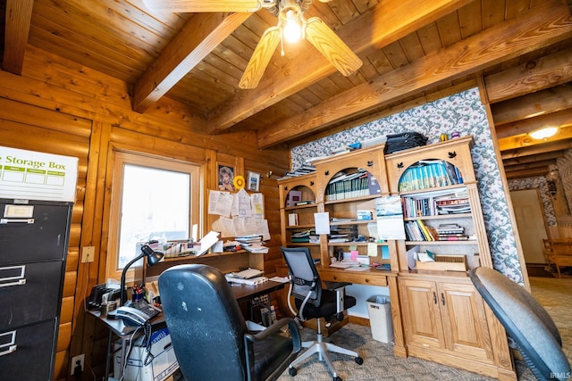 carpeted home office with ceiling fan, beamed ceiling, and wood ceiling