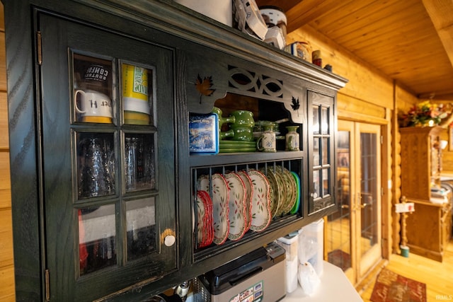 room details with wooden walls and wood ceiling