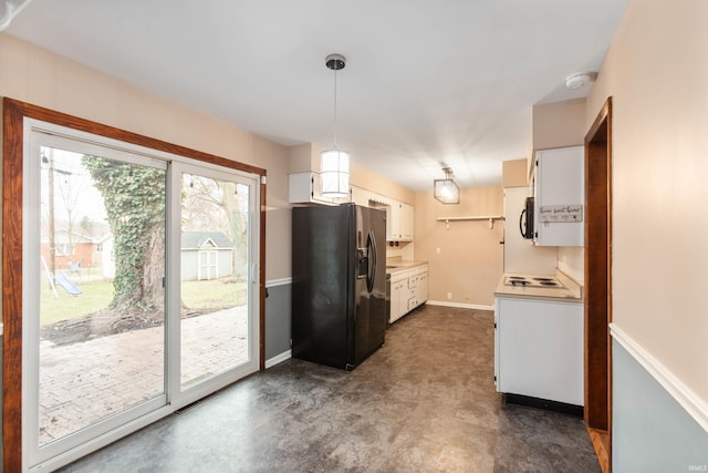 kitchen featuring white range with electric cooktop, decorative light fixtures, white cabinetry, and black refrigerator with ice dispenser