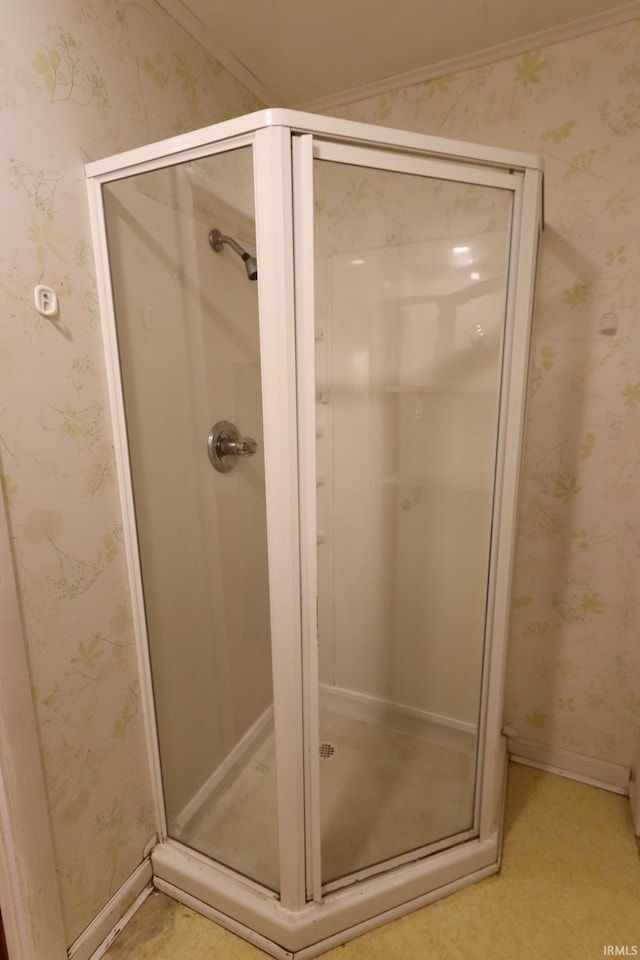 bathroom featuring walk in shower and crown molding