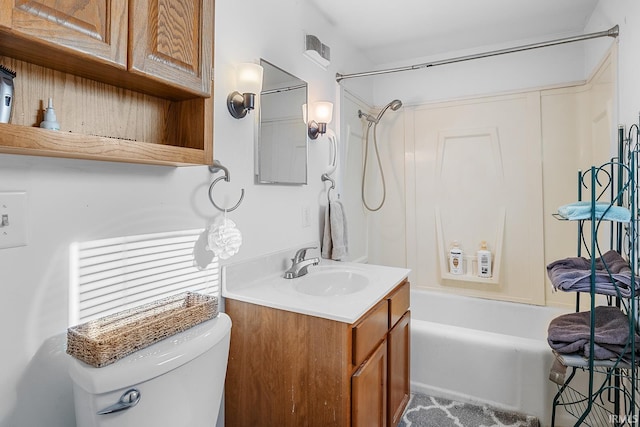 full bathroom featuring bathtub / shower combination, vanity, and toilet