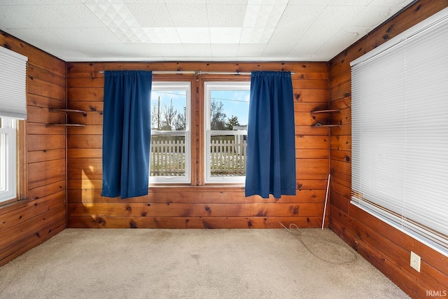 carpeted spare room with wooden walls