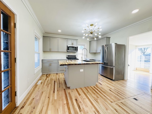 kitchen featuring gray cabinetry, sink, a center island with sink, and appliances with stainless steel finishes