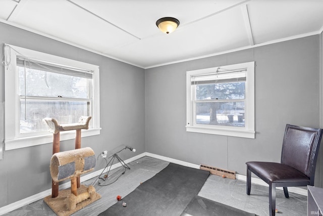 living area with plenty of natural light and ornamental molding