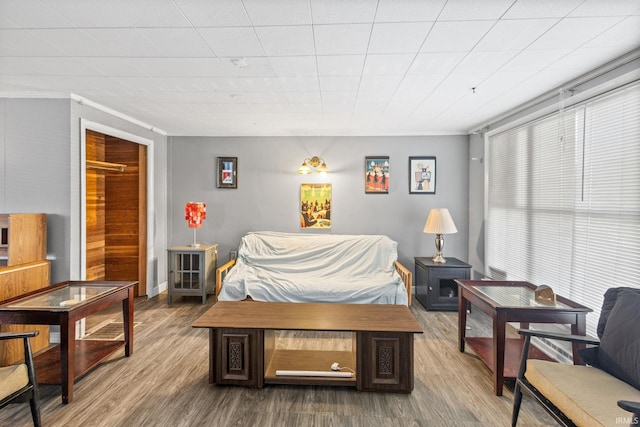 bedroom featuring hardwood / wood-style flooring, crown molding, and multiple windows