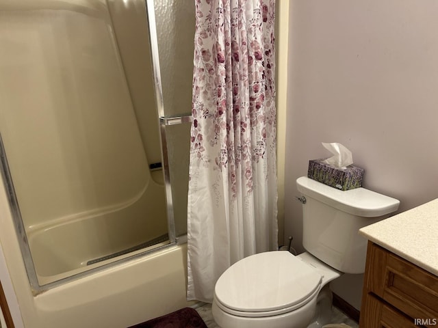 full bathroom with shower / bath combo with shower curtain, vanity, and toilet