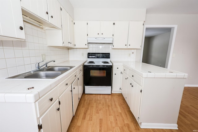 kitchen with kitchen peninsula, decorative backsplash, electric range, light hardwood / wood-style floors, and white cabinetry