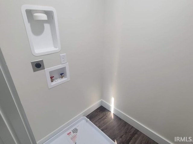 laundry area with electric dryer hookup, washer hookup, and wood-type flooring