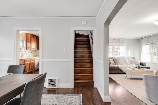 dining room featuring sink, ornamental molding, and dark wood-type flooring