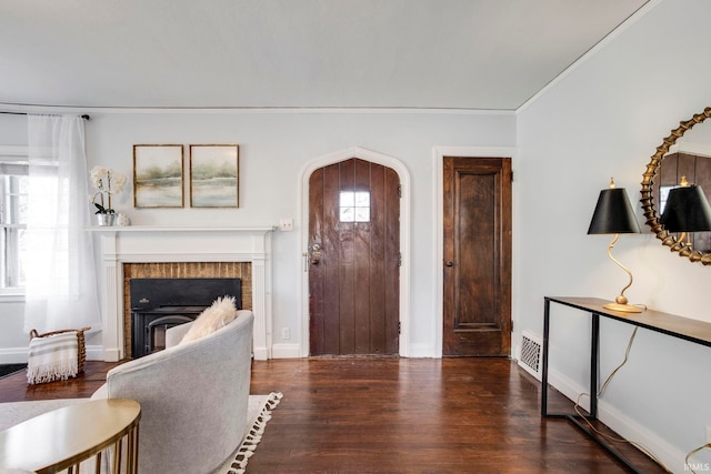 entryway with a fireplace, dark hardwood / wood-style floors, a wealth of natural light, and crown molding