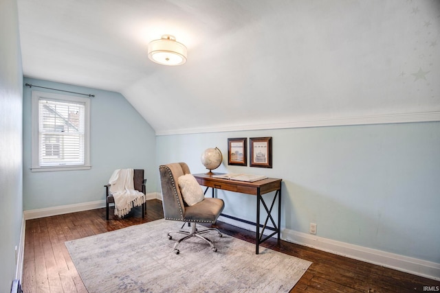 office with dark hardwood / wood-style flooring and vaulted ceiling