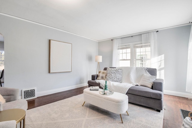 living room with wood-type flooring and ornamental molding