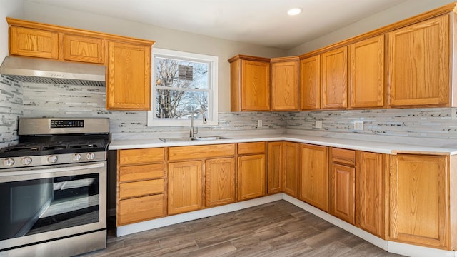 kitchen with gas stove, tasteful backsplash, sink, and dark hardwood / wood-style floors