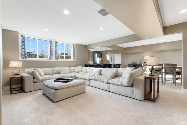 living room with light carpet