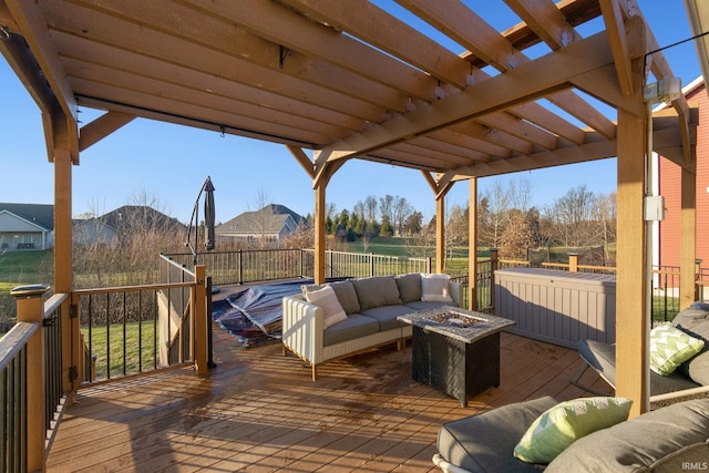 wooden terrace featuring a mountain view, a pergola, and an outdoor living space with a fire pit