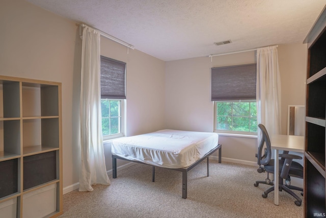 carpeted bedroom with a textured ceiling