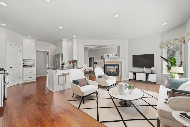 living room with light hardwood / wood-style flooring and sink