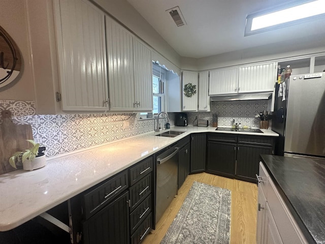 kitchen featuring white cabinets, sink, decorative backsplash, light wood-type flooring, and appliances with stainless steel finishes