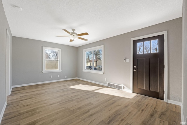 foyer with a healthy amount of sunlight, ceiling fan, and wood-type flooring