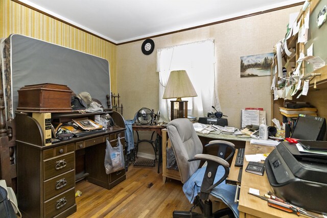office with crown molding and wood finished floors