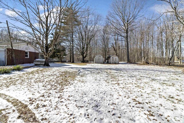 yard covered in snow featuring a storage unit and an outdoor structure