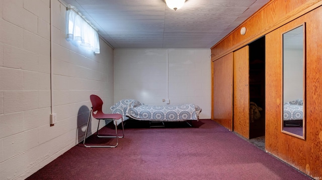 living area featuring wooden walls and carpet floors