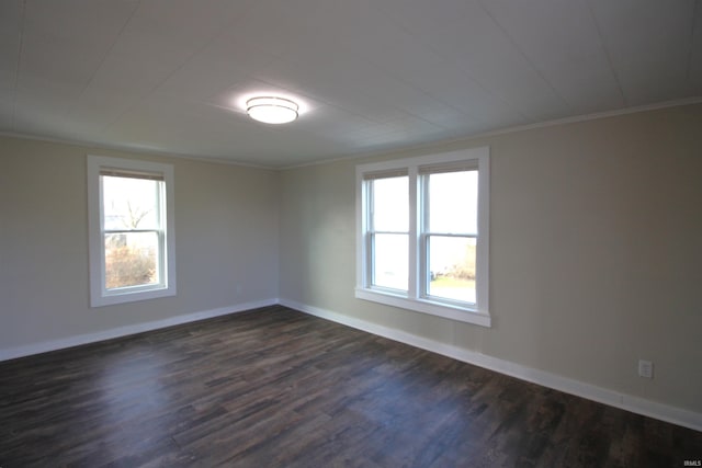 spare room with crown molding, plenty of natural light, and dark hardwood / wood-style floors