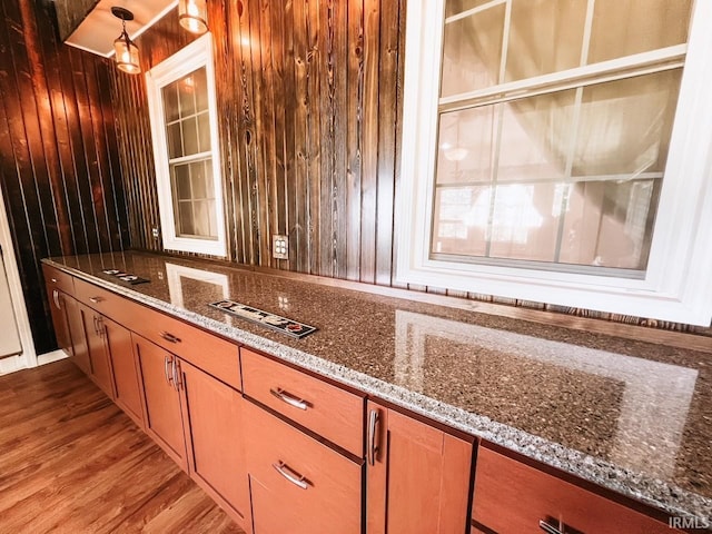 interior space featuring stone counters, hardwood / wood-style flooring, and wood walls