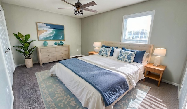 carpeted bedroom featuring ceiling fan