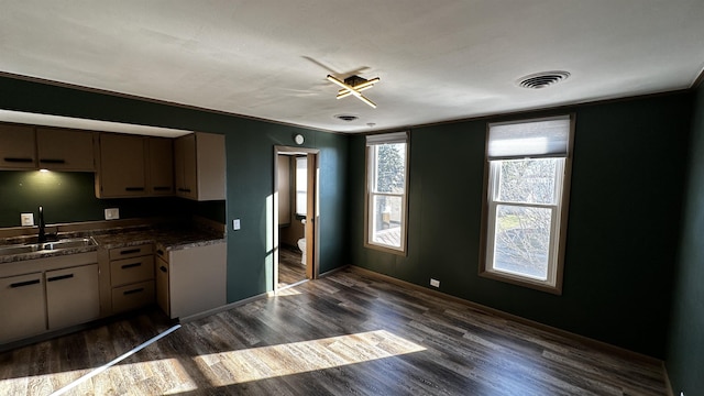 kitchen with dark hardwood / wood-style flooring, ornamental molding, and sink