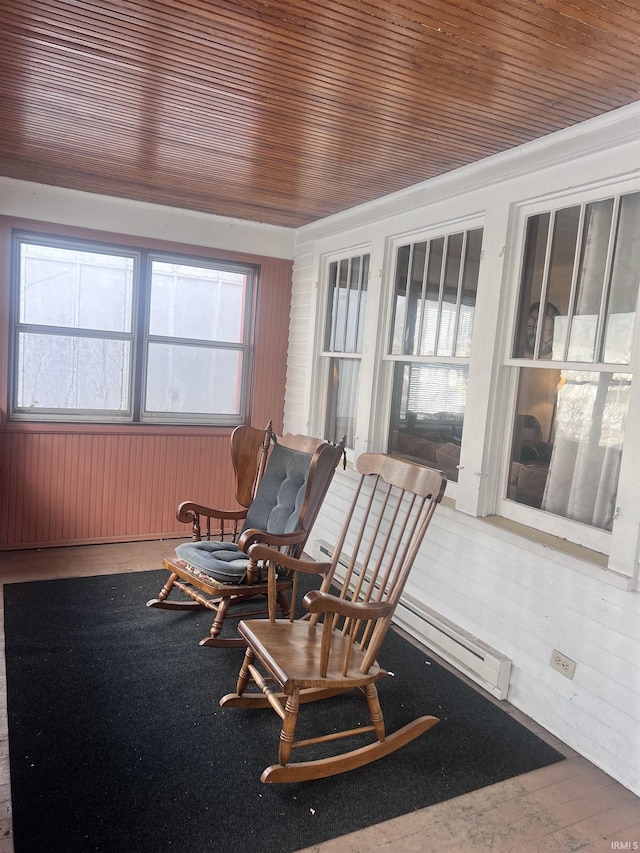 sunroom / solarium with wooden ceiling and a baseboard heating unit