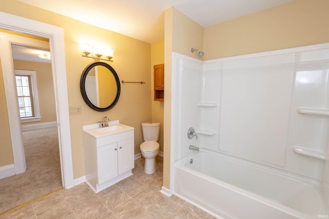 full bathroom featuring vanity, toilet, and washtub / shower combination