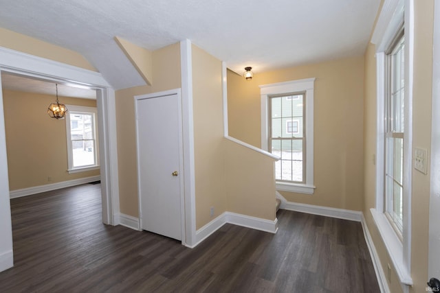 interior space featuring a chandelier and dark hardwood / wood-style floors