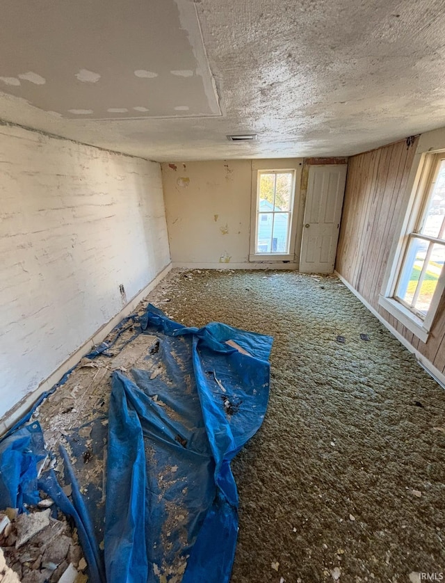 miscellaneous room featuring wood walls and a textured ceiling