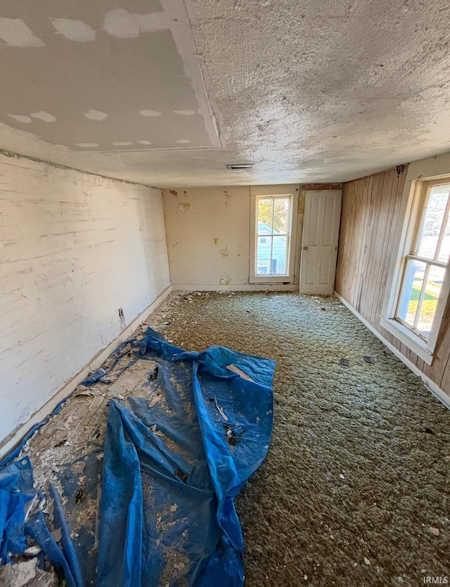 miscellaneous room featuring carpet floors and a textured ceiling