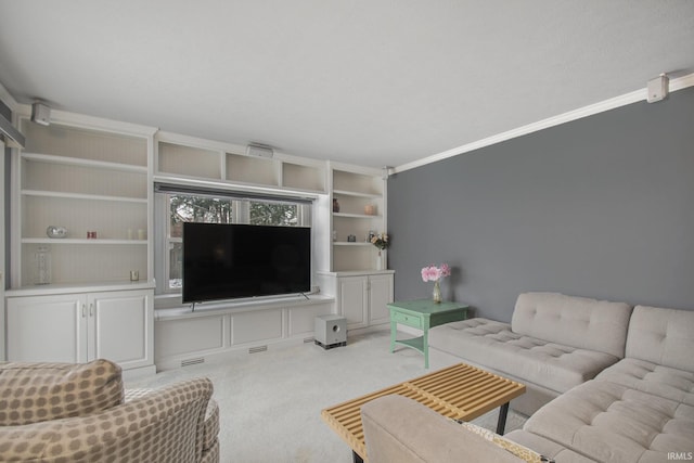 living room with carpet flooring and crown molding