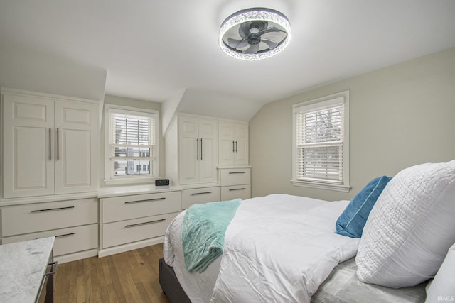 bedroom featuring vaulted ceiling, multiple windows, and dark wood-type flooring