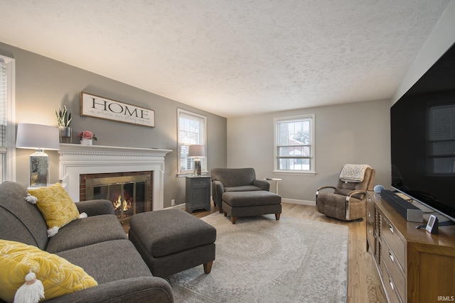 living room featuring light hardwood / wood-style floors and a textured ceiling